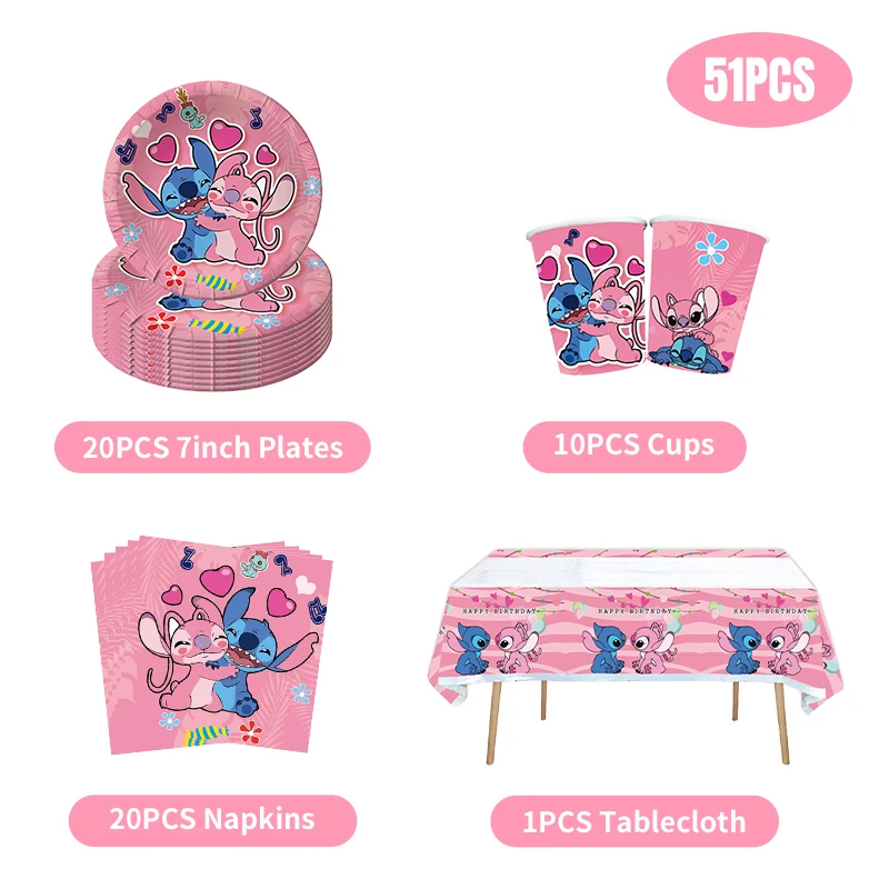 thumbnail image 1 of Decoración de cumpleaños de Disney Lilo y Stitch, juego de vajilla con puntada rosa, globos, mantel, vaso de papel, plato, telón de fondo, suministros para fiesta, 1 of 5