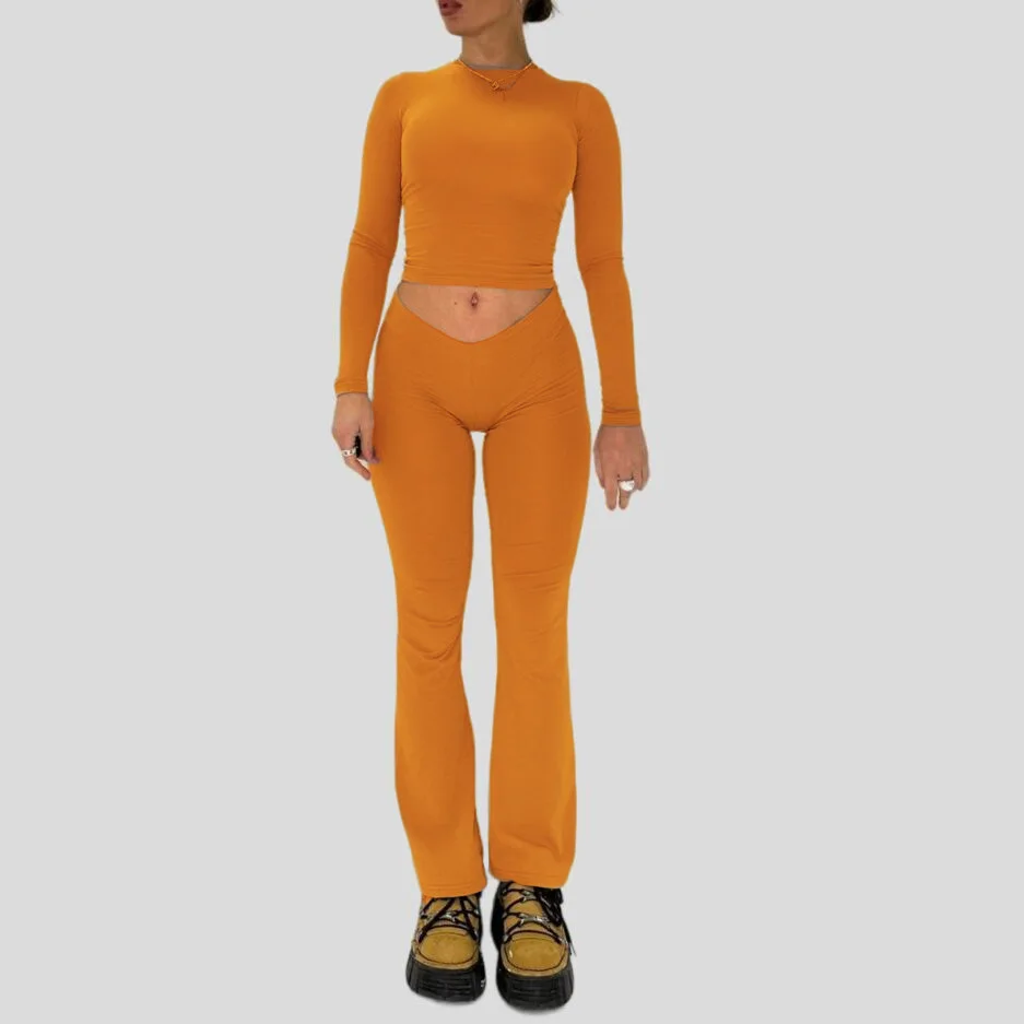 Spring Fall 2 Pieces Women Outfits Solid Color O-neck Long Sleeve Slim Fit Basic T-Shirts Tops Long Flared Pants 2023