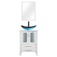 24" White Bathroom Vanity Stand Cabinet with Blue Boat Tempered Glass Sink & ORB Faucet Spacious Storage High Quality Material & 1