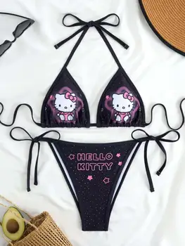 Y2K Kawaii Hello Kitty Halter Bikini, Black Star Print Tie Side Swimsuit, Cute Anime Bathing Suit for Summer 1