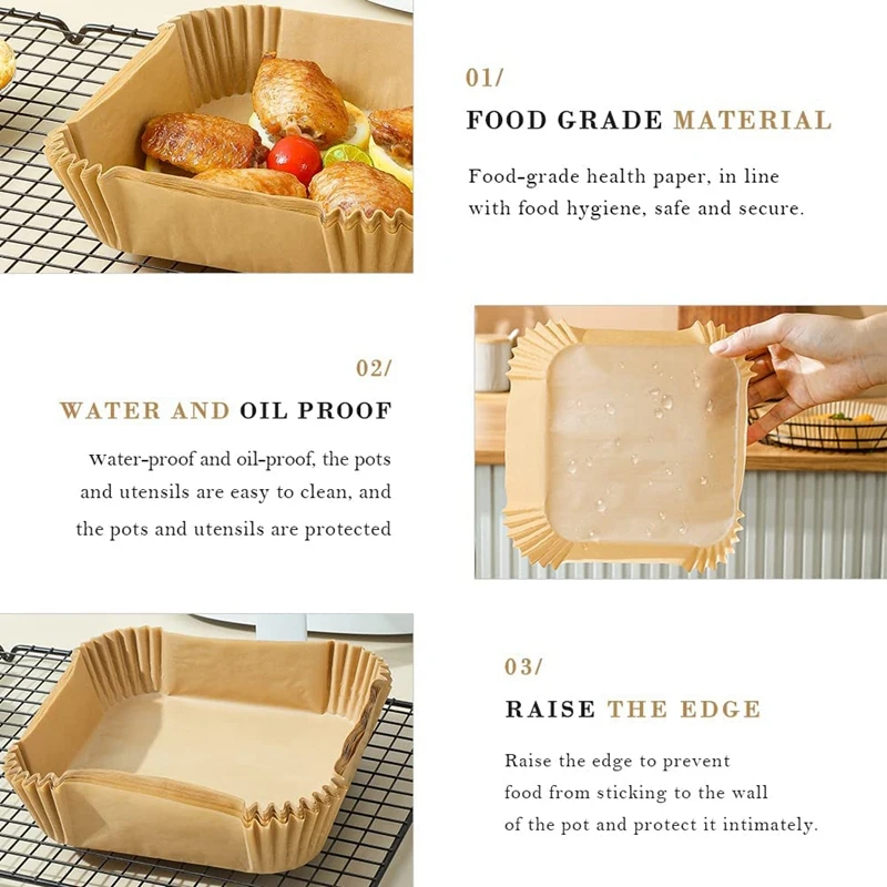 100Pcs Air Fryer Paper Liner, Non-Stick Disposable Air Fryer Liners, Square Paper, Parchment Paper For Baking
