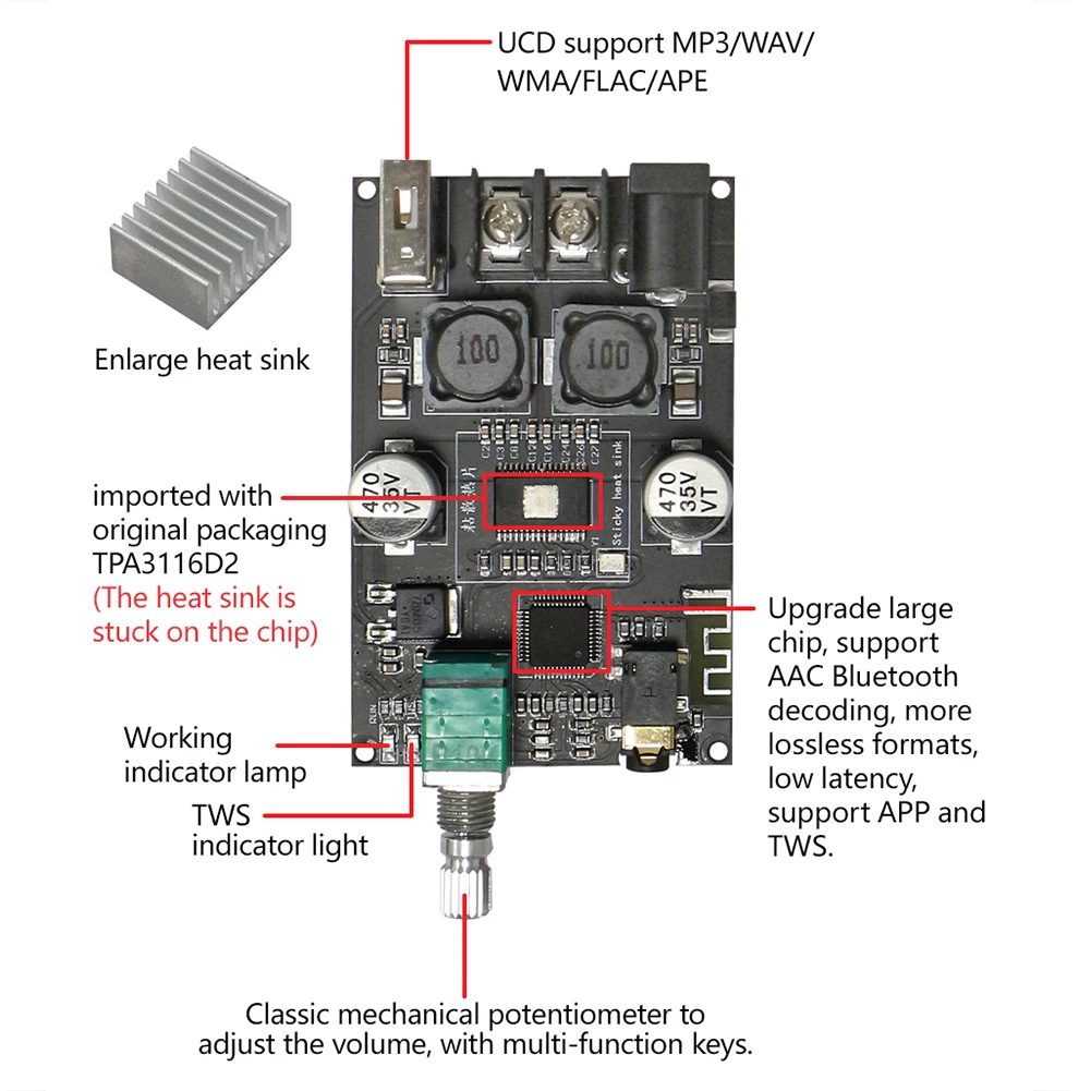 ZK-1001B Mono 100W Audio Power Amplifier Module DC7V-24V TPA3116D2 Digital Power Amplifier Board with TWS Mode for Home Theater