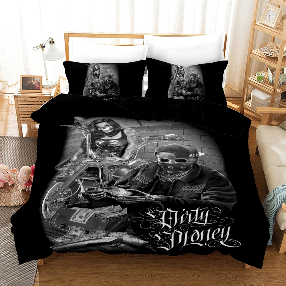 

Motorcycle Skull Bedding Sets Queen Size Black Duvet Cover and Pillowcase Set Quilt Cover King Full Twin Bed Set Home