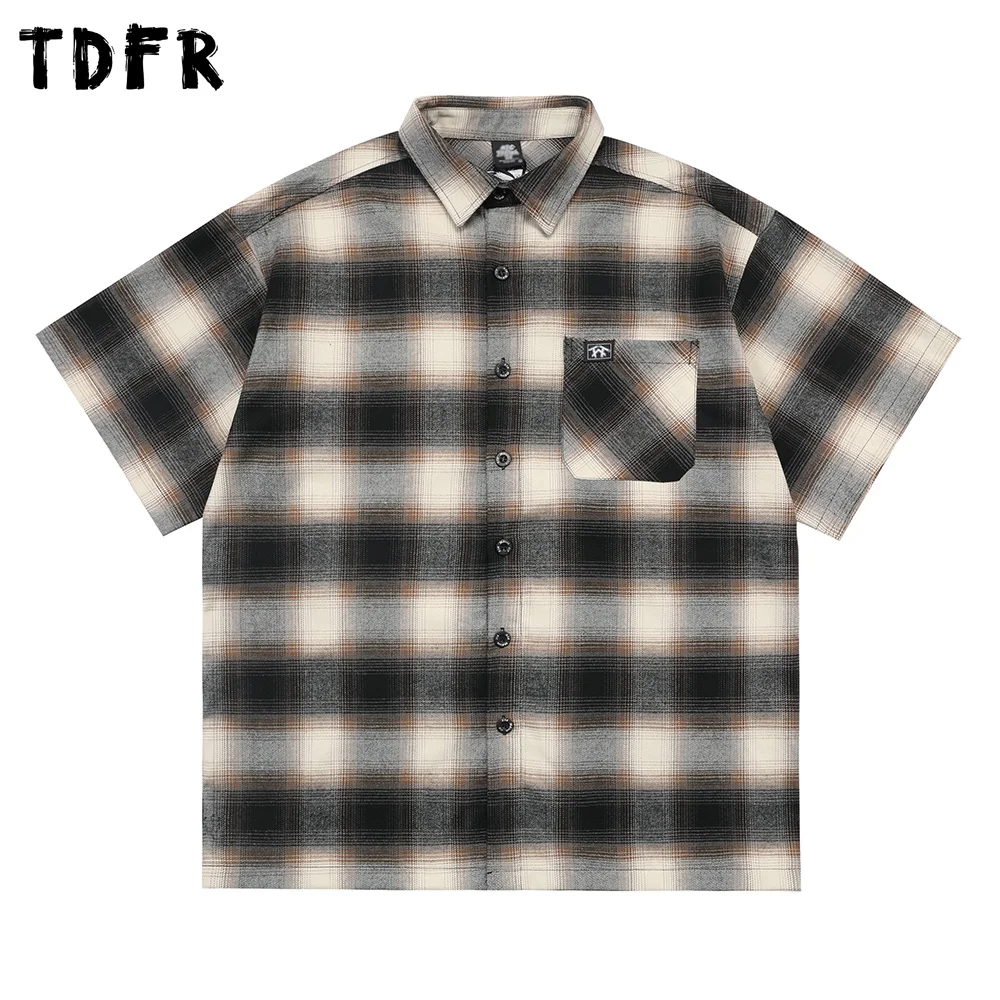 Letter Embroidery Plaid Short Sleeve T-shirt Mens Pocket Chicano Streetwear Summer Single Breasted Lapel Half-Sleeve Shirts Men