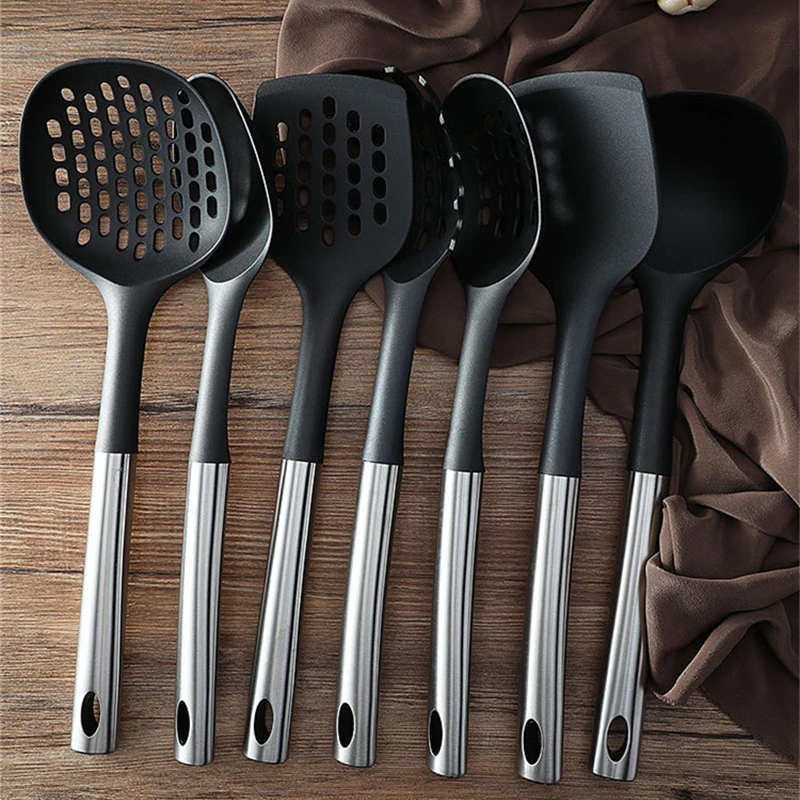 7PC Stainless Steel Handle Nylon Kitchenware Black Anti-Scald Spatula Soup Spoon Colander Dense Spoons Household Cooking Tools