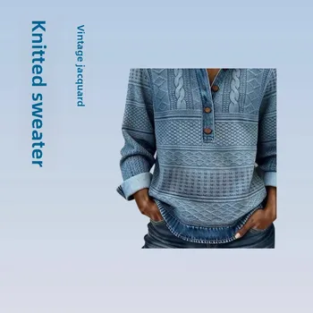 Nuova Camicia Casual da Donna 2025 a Maniche Lunghe con Colletto Polo, Versatile per Autunno e Inverno, in Misto Cotone Poliestere con Patchwork in Denim