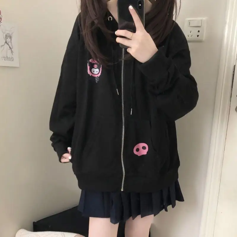 

Милый мультяшный кавайный Sanrioed Kuromi Cinnamoroll My Melody, новинка 100%, Осень-зима, свободная мягкая защита на молнии с капюшоном для девочек