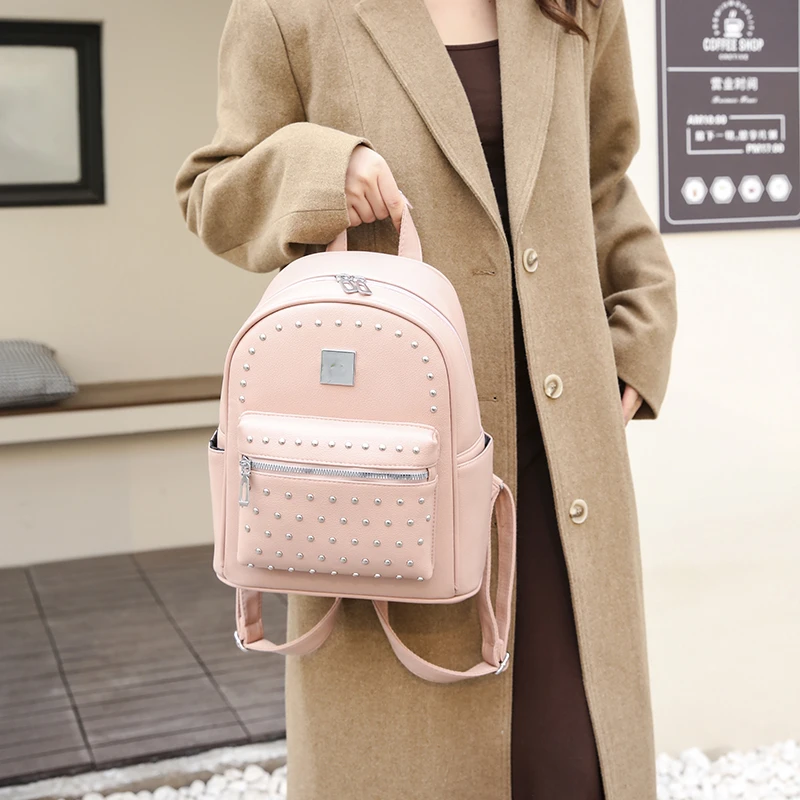 Fashionable Rivet Backpack for Women 2024 New Fashion Versatile Student School Bag Casual Simple Soft Leather Texture Backpack 3