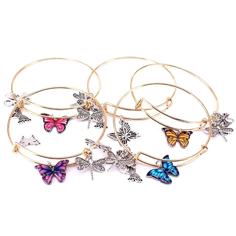 5pcs Bangle Set Wire Bracelets for Women Girls Jewllery Butterfly Dragonfly Bow Charms Bangles Cuff Jewlery C044