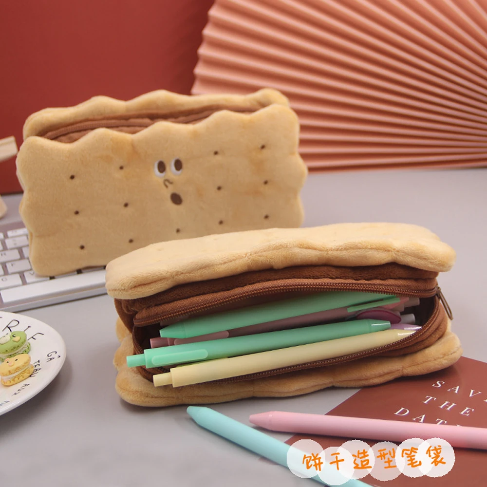 Kawaii Soft Biscuit Pencil Case Cute Cartoon Plush Pencil Bag Korean Stationery Cosmetics Pouch School Office Supplies