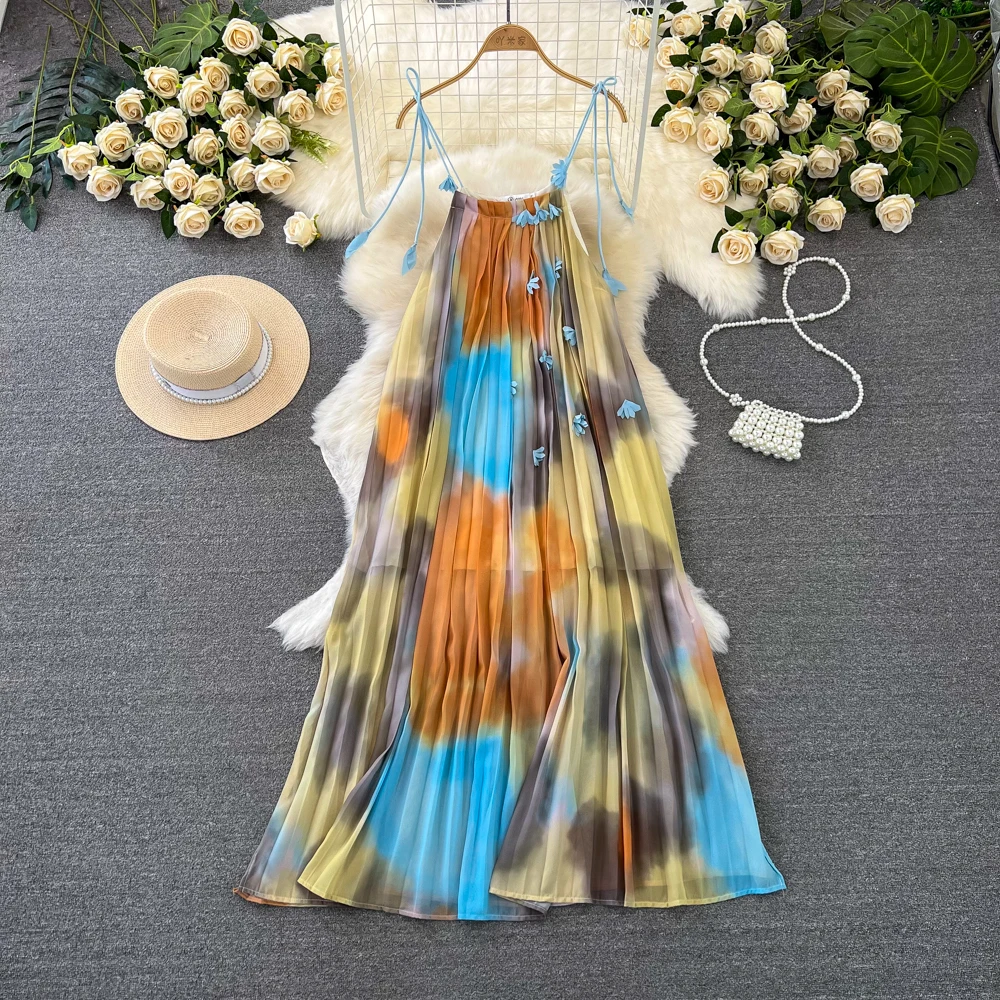 

Новинка лета 2024 допамин одежда с свободной юбкой А-силуэта картина маслом Пятнистое плиссированное платье с лямкой на шее морское праздничное платье 020