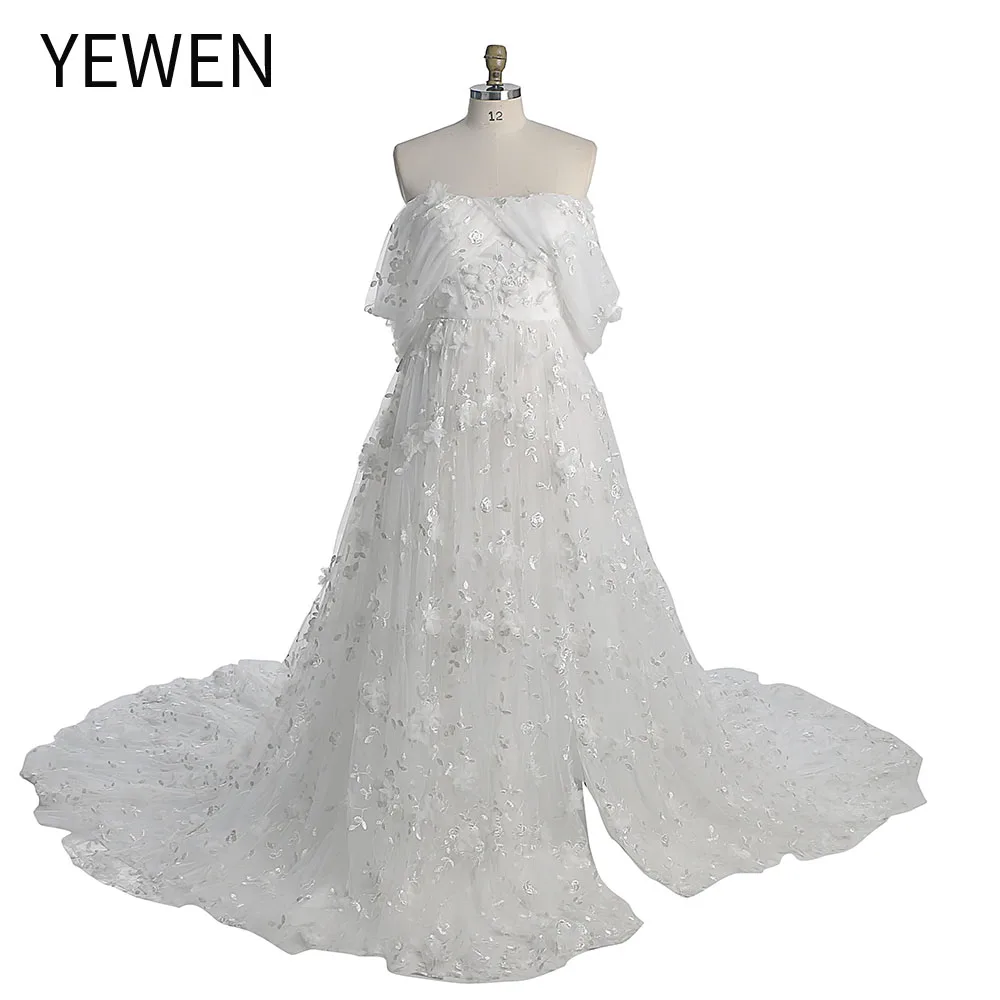 

Elegant Off The Shoulder Tull Embroidery Flower Lace Bohemian Beach Wedding Dress Photography Gowns YW230214