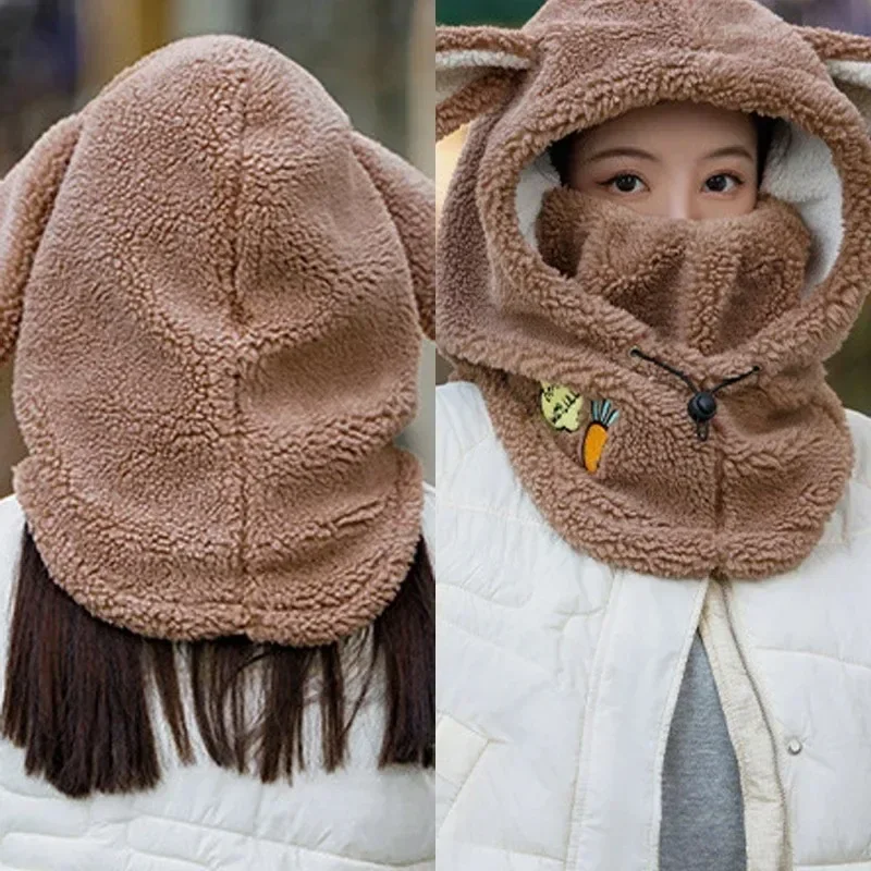 Winter Rabbit Ear Hat Cartoon Cycling Skiing Helmet Cover Cold-proof Keep Warm Plush Cap For Women knitted bunny hat winter cycling cap ski helmet