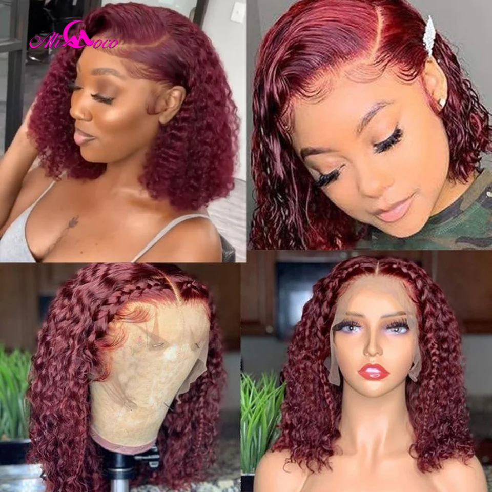 180 Density 99J Burgundy Short Curly Bob Wig 13X4 Lace Frontal Wigs For Women Brazilian Remy Bob Lace Front Wig Preplucked