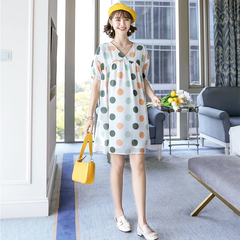 Korean Style V-neck Summer Fashion Maternity Chiffon Dress Block Color Polka Dot Printing Pregnant Woman A-Line Dress With Liner