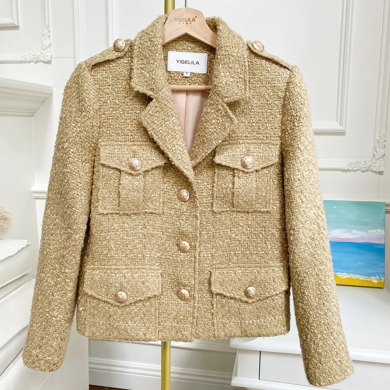 2023 Spring Autumn Chic Women's High Quality 50%Wool Tweed Jackets Elegant Pockets Short Coat B586