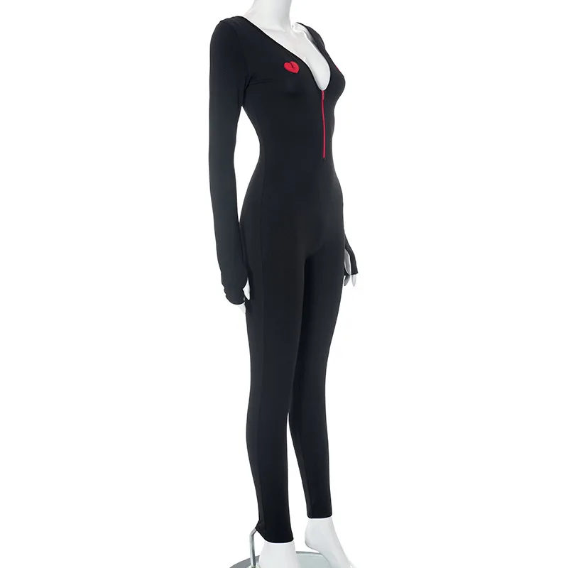 BKLD Clothes For Women 2023 Autumn Winter New Broken Heart Embroidery Contrast Color Zipper V-Neck Long Sleeve Jumpsuit Black