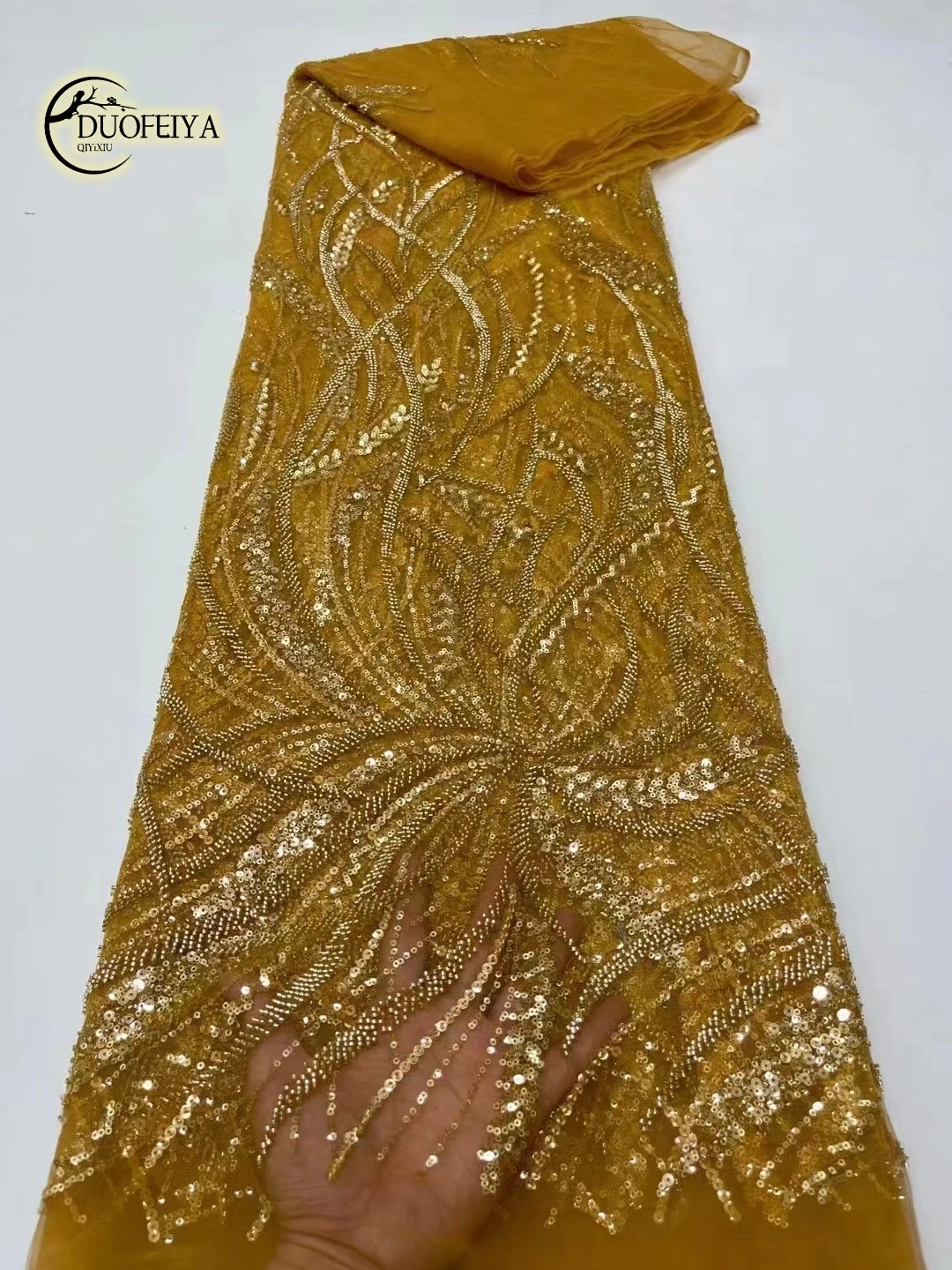 

Luxury Gold African Beaded Lace Fabric 2023 High Quality 5 Yards Nigerian Sequins Tulle 3D Fabric Material For Wedding