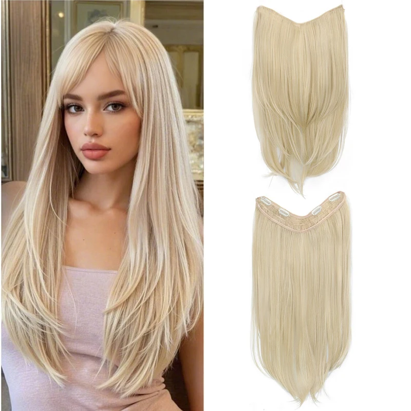Parrucca sintetica da donna, invisibile, senza traccia, a forma di U, capelli lisci a strati con fibbia interna, capelli ricci lunghi naturali