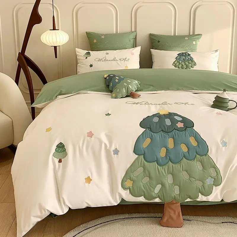

Exquisite 100% Cotton Tree Embroidery Double Bed Set Linen Bedding Duvet Cover King Queen Size Soft Children Adult Gift 4pcs