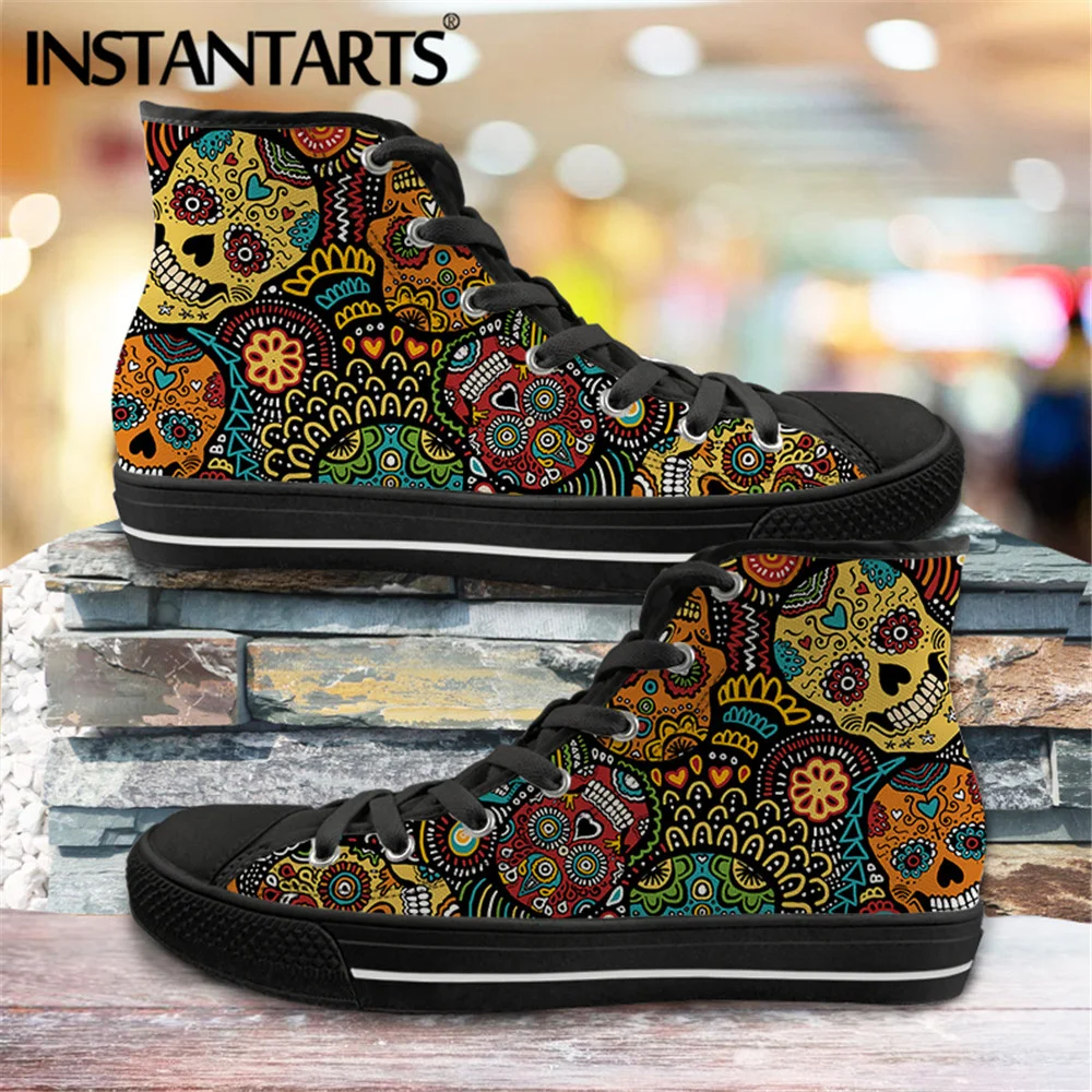 

INSTANTARTS Men Sneakers High Top Canvas Shoes Classic Sugar Skulls Brand Design Men's Flats Shoes Lace Up Footwear