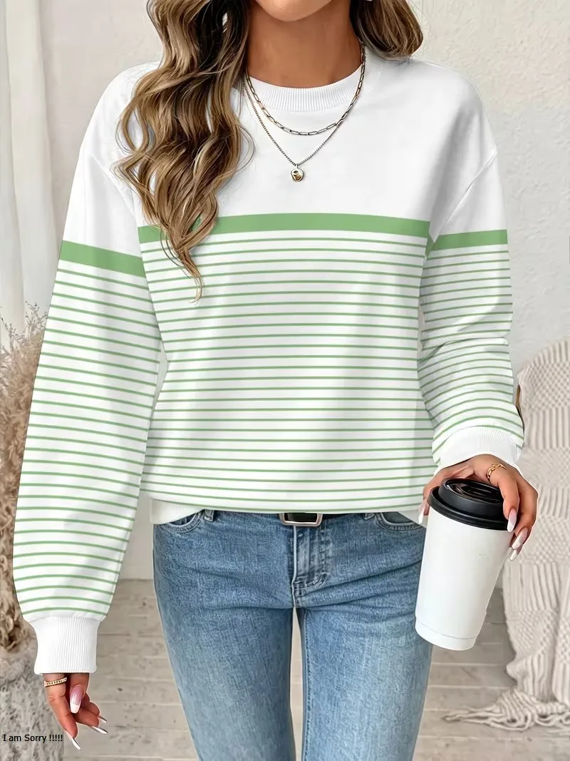 Women's Long Sleeved Round Neck Daily Casual Versatile Pullover Tops 3D Striped Splicing Regular Sweatshirt