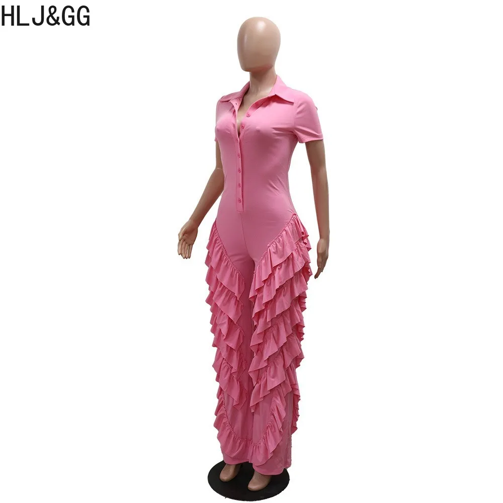 HLJ&GG Spring New Tassels Ruffle Design Bodycon Jumpsuits Women Deep V Short Sleeve Slim Rompers Fashion Female Ruched Overalls