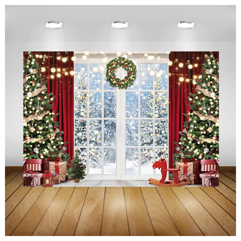 

ZHISUXI Christmas Tree Window Wreath Gift Photography Backdrop Window Snowman Cinema Pine New Year Background Prop ZZ-12