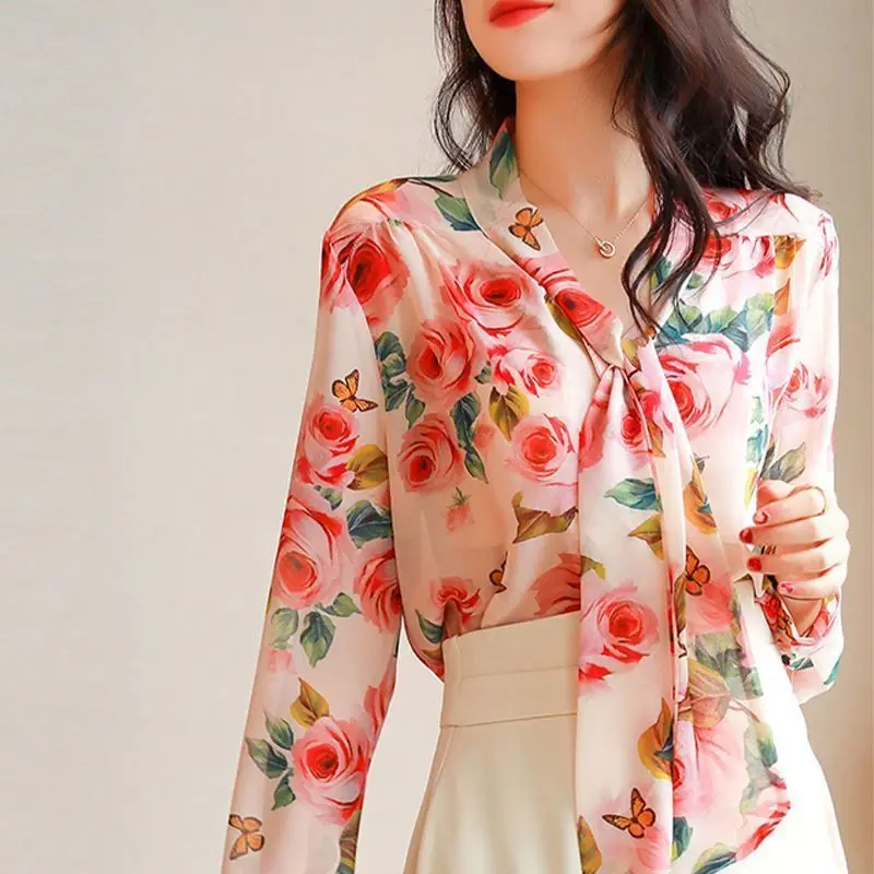 2023 Spring and Summer Fashion Printing Vintage Hong Kong Style V-Neck Bow Long Sleeve Loose Casual Versatile Women's Shirt