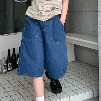 여성용 와이드 레그 데님 하프 팬츠, 아메리칸 스트리트, 캐주얼 A 라인, 블루 반바지, 루즈 뉴트럴 대형 포켓, 여름