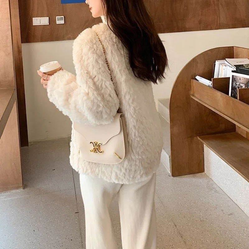 Simple Basic Small Fragrance Fake Fur Coat Female Korean Imitation Lamb Plush Stitching Tweed Elegant Casual White Women Coat
