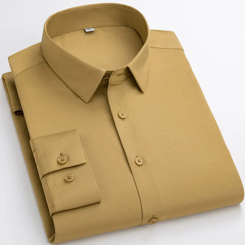 Plus Size 6XL Long Sleeve Men Stretch Dress Shirt Soft Silky Smooth Formal Social Business Anti-wrinkle Work Smart Casual Shirt