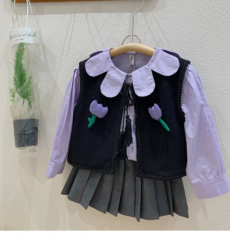패션 소녀 봄 의류 세트 꽃 아플리케 레이스 업 가디건 보라색 꽃잎 칼라 티셔츠 높은 허리 구슬 주름 치마