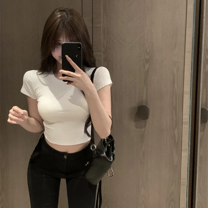 Szexi póló női nyári vékony póló női, egyszínű, rövid ujjú koreai Kpop vékony O-nyakú póló női ruhák Top943_voghion.com