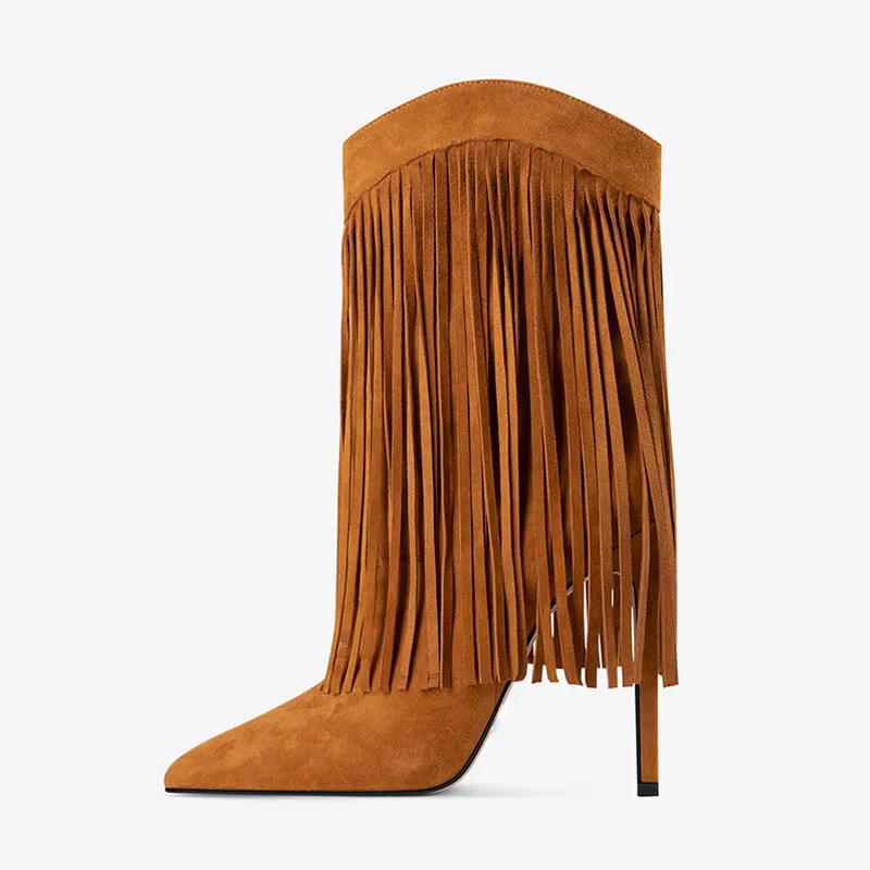 

Arden Furtado 2023 Autumn Winter Fashion Middle boots Suede Pointed toe Stilettos heels Elegant Side zipper Tassel boots