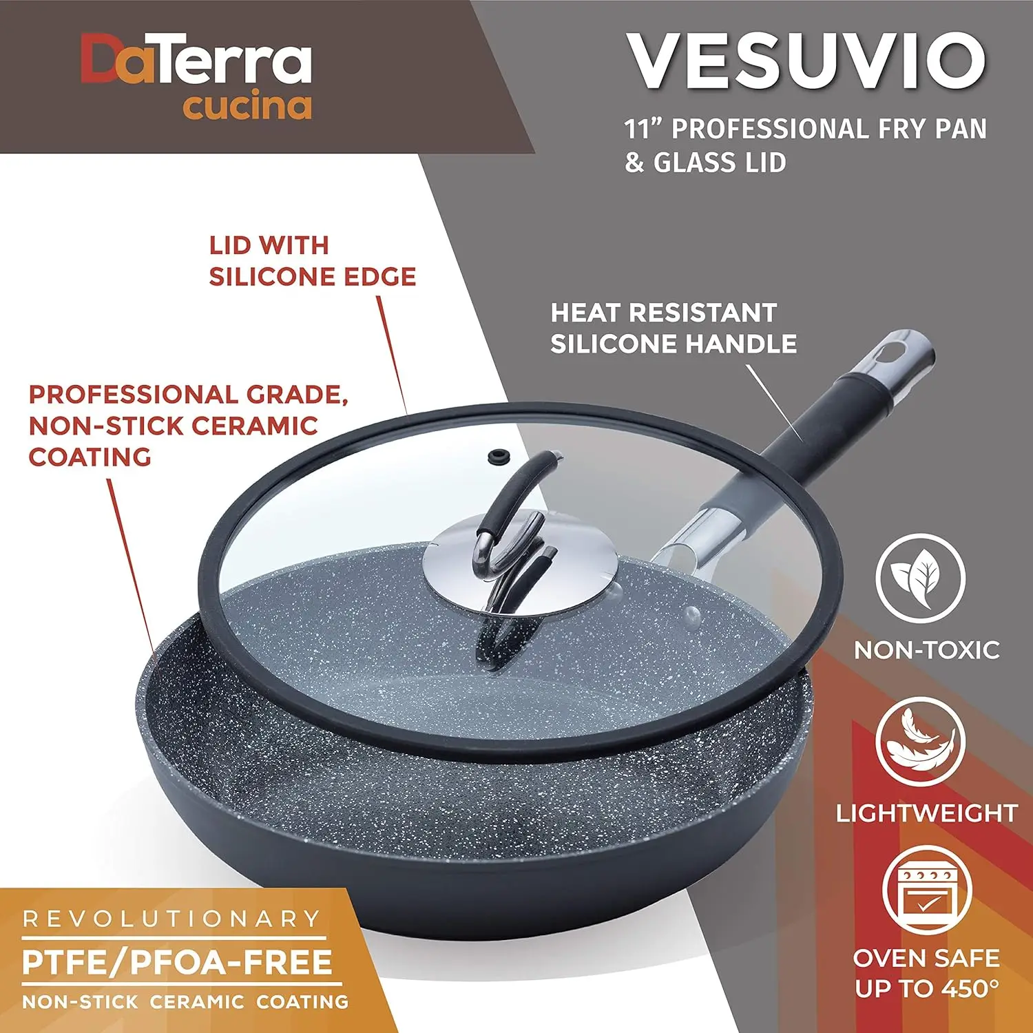 DaTerra Cucina Professional 11 "Non-stick Skillet with lid | Made in Italy ceramic skillet for chef non-stick cooking 3