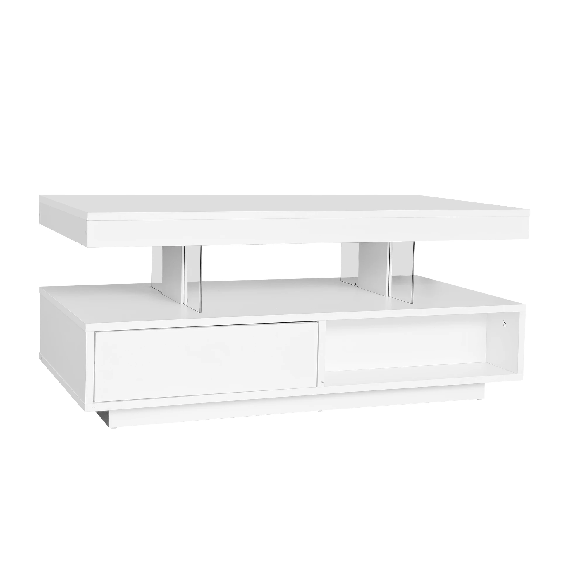 Weißer Hochglanz-Couchtisch 95 x 50 x 42,5 cm – mit 4 Glasböden, 2 Schubladen und 2 offenen Fächern, Wohnzimmerschrank – Detail 20