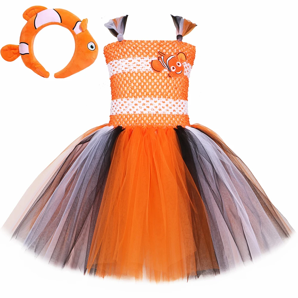 

Baby Girls Orange Clownfish Tutu Dress for Kids Ocean Fish Halloween Costumes Child Christmas Birthday Cartoon Outfits with Bow