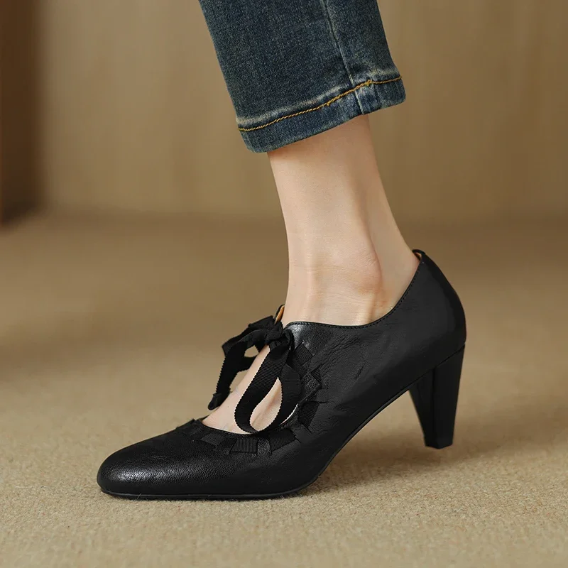 

2024 new spring women pumps natural leather shoes 22-24.5cm sheepskin+pigskin Forest style tie bow spike heel Mary Jane shoes