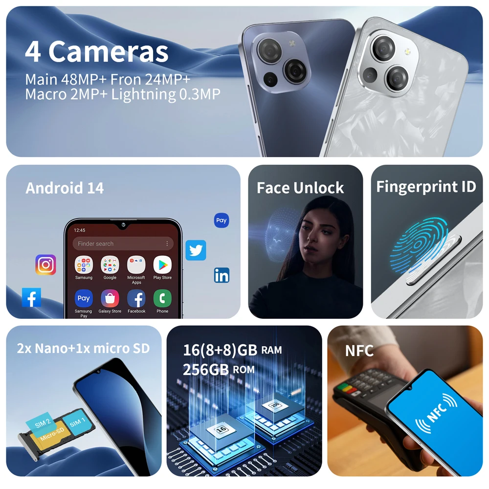 Cwowdefu S18, Smartphone Global Version Android 14, 6.58" Incell 2.4K Display, Unisoc T616, 16GB(8+8GB) 256GB, 48MP AI Cam , NFC 2