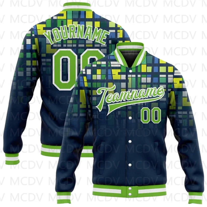 Custom Green Neon Green-White 3D Pattern Design Bomber Full-Snap Varsity Letterman Jacket