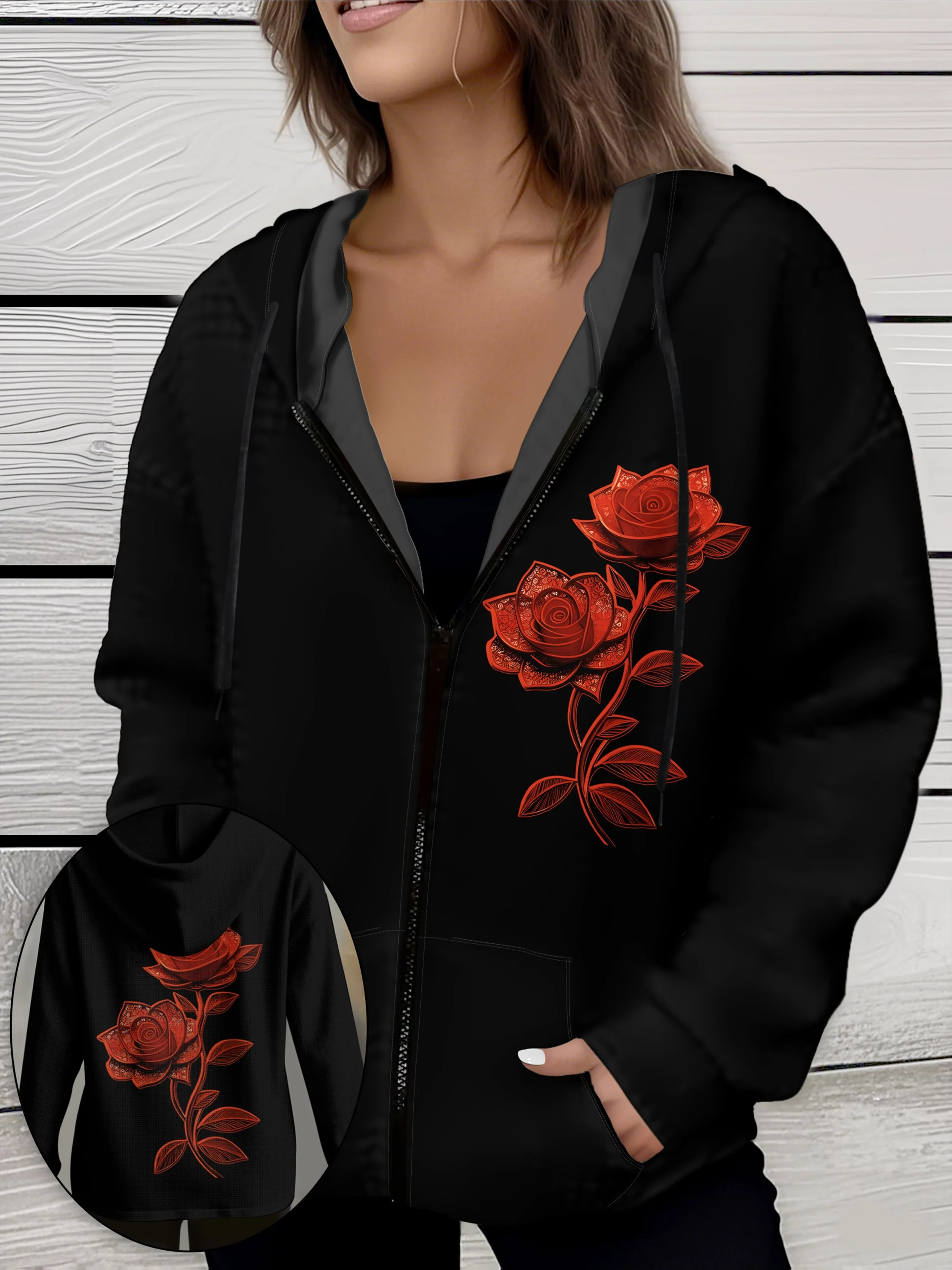 Red Rose Floral Print Hooded Jacket - Casual Style
