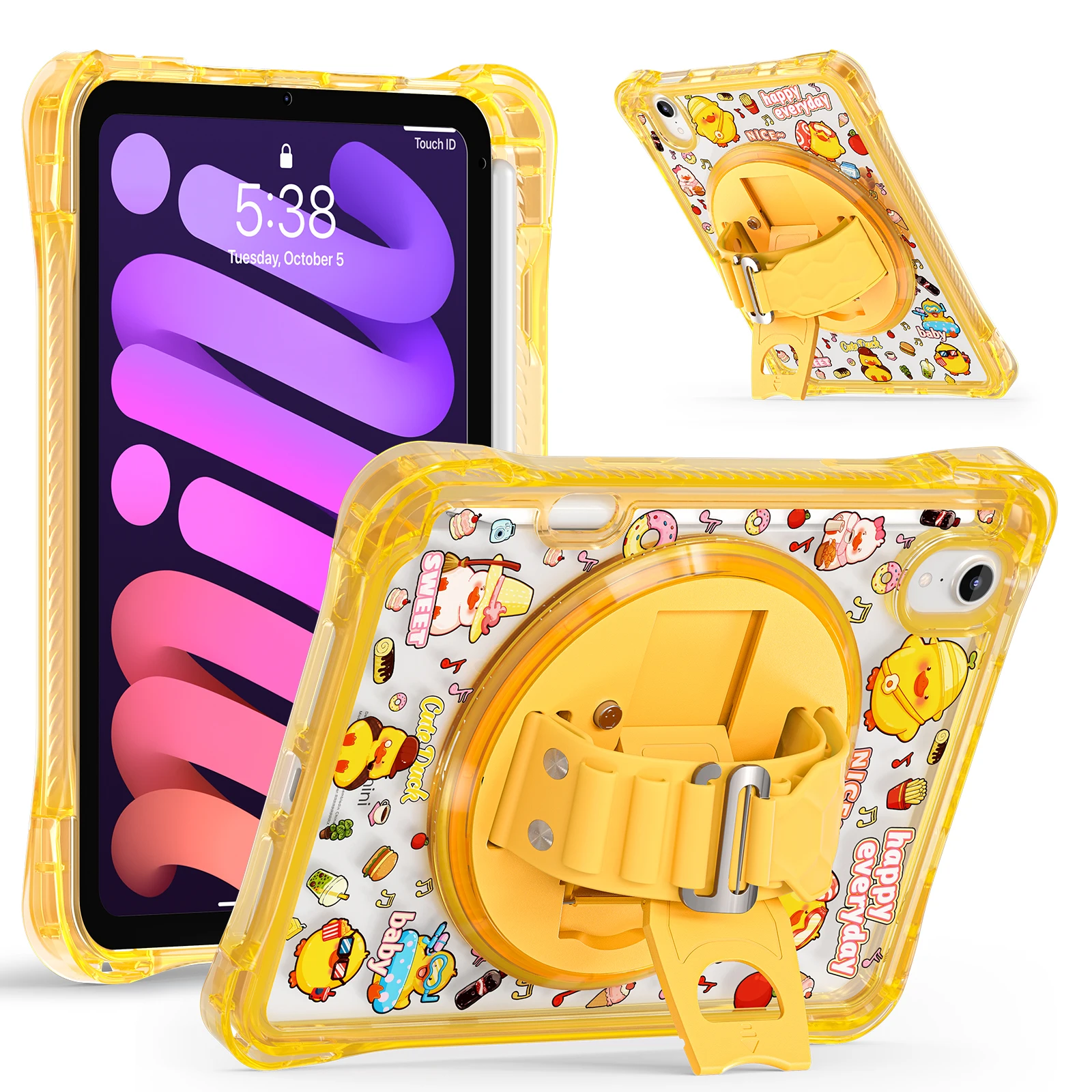 Shockproof Transparent Cartoon Tablet Case with Back Strap and Hand Stand