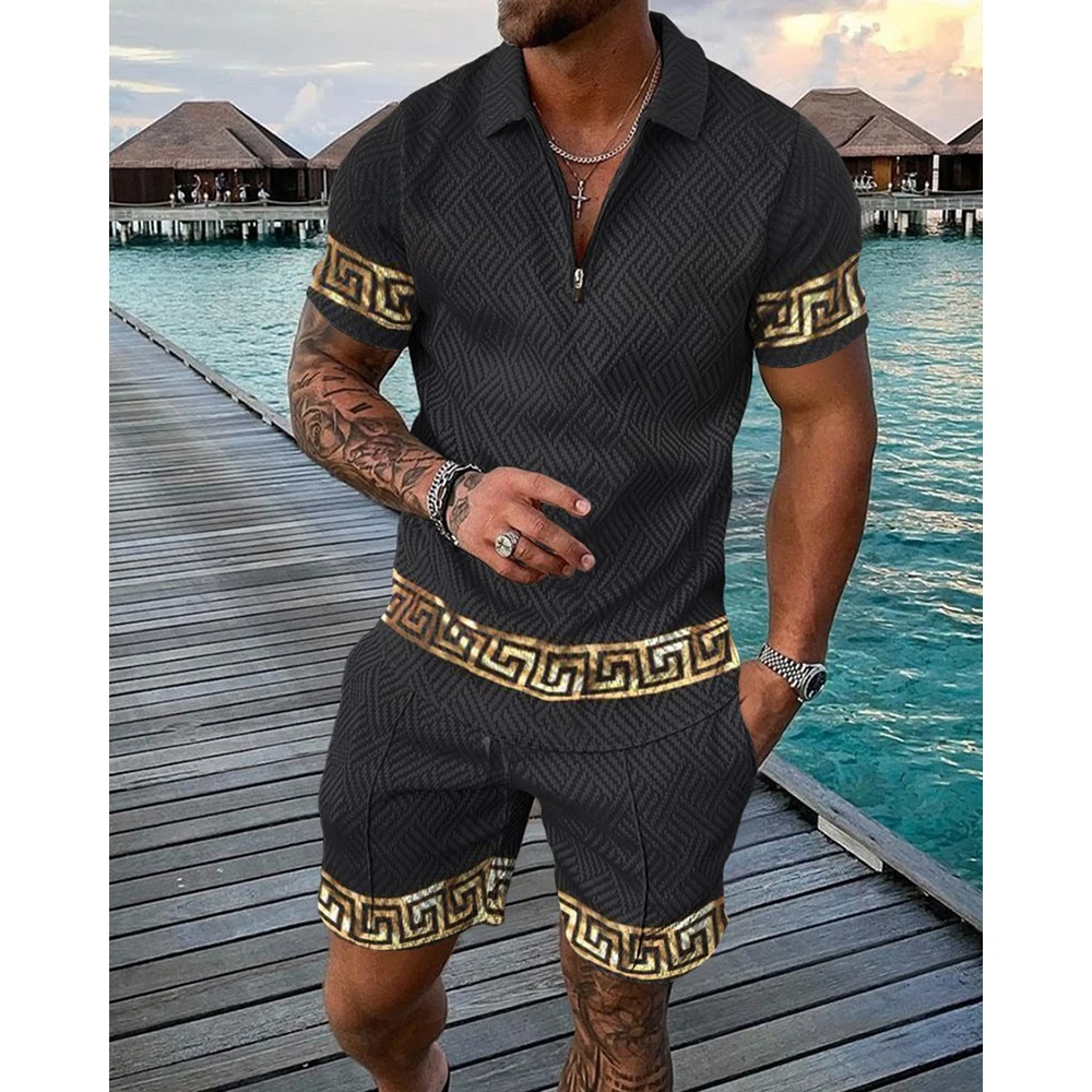 Men's Summer Tracksuit Short Sleeve Polo Shirt Set Luxury Chain Print Clothing 2 Pieces Fashion Casual Suit Streetwear Outfit
