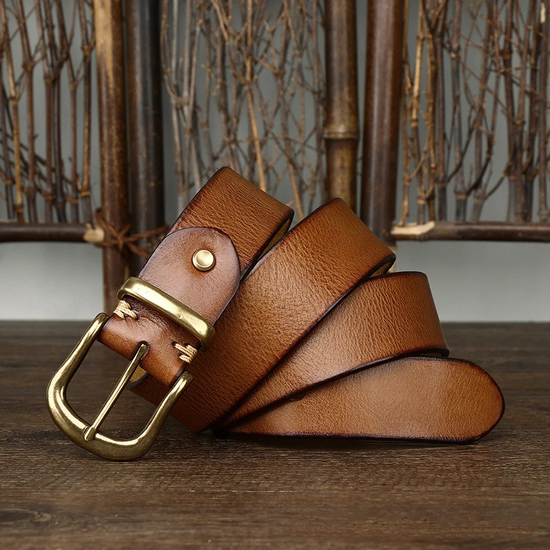 3.8CM Pure Cowhide Genuine Leather for Men High Quality Jeans Brass Buckle Belts Cowboy Waistband Male Fashion Designer Luxury