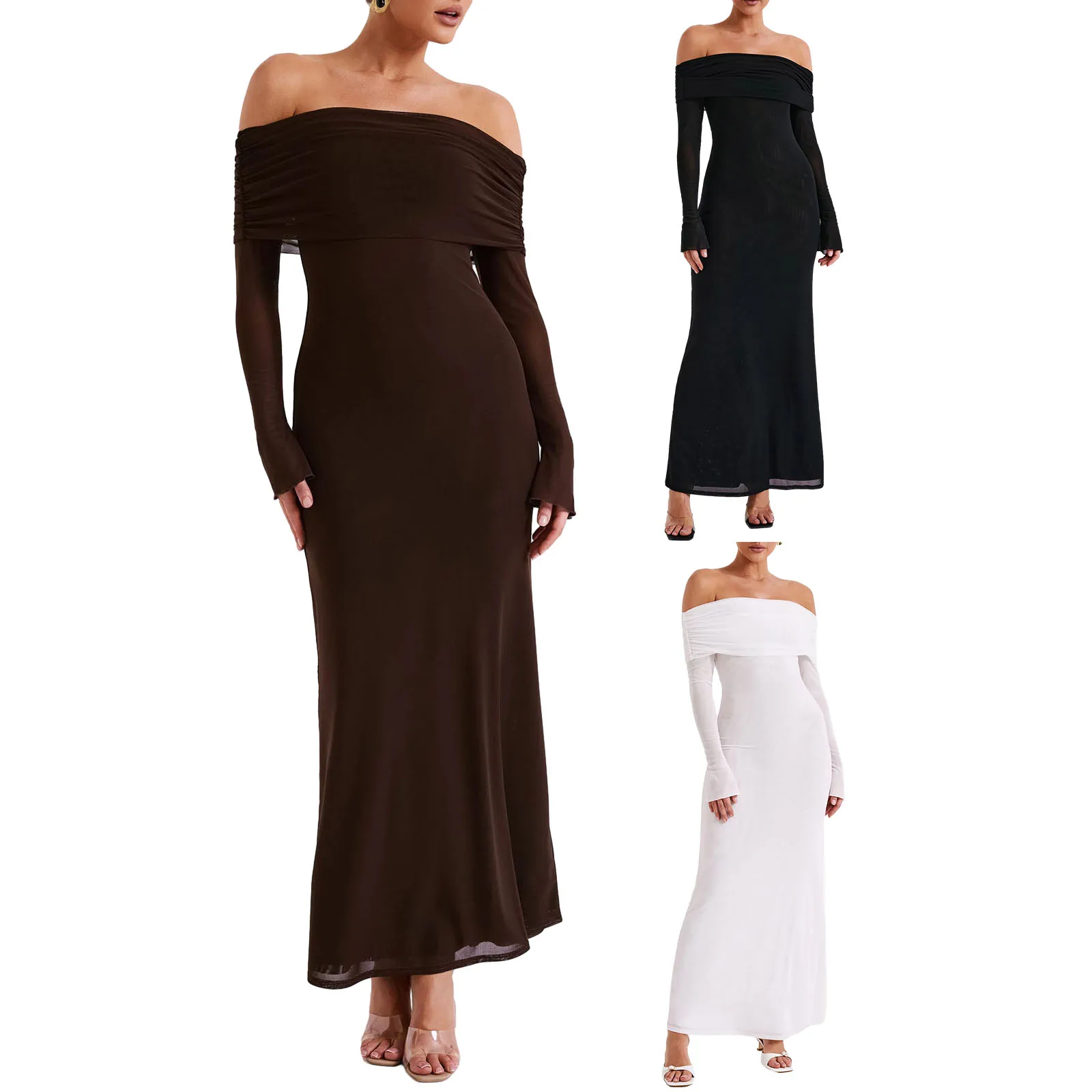 

Women's Summer Off-Shoulder Dress Solid Color Sheer Mesh Long Sleeve Slim Long Dress
