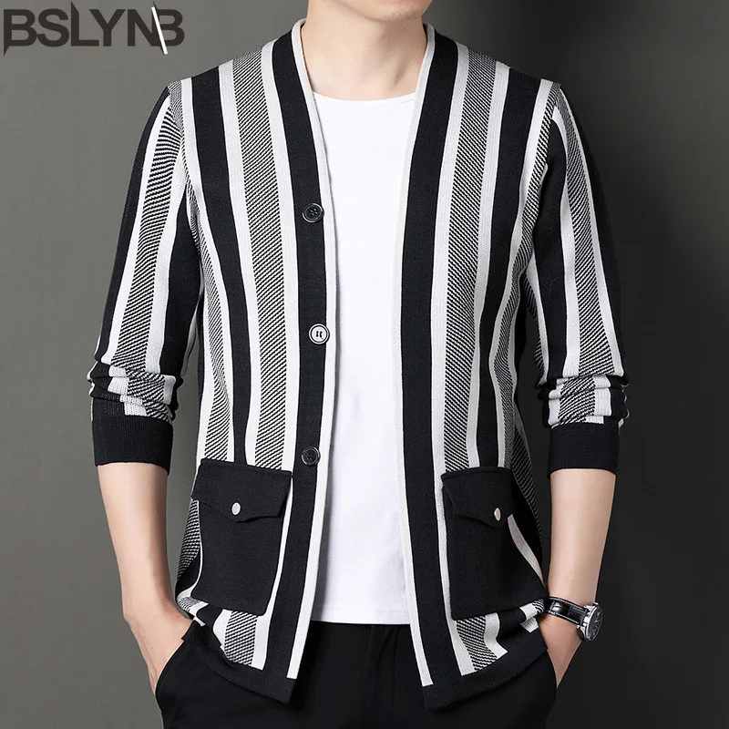 남성용 스트라이프 싱글 브레스트 가디건 스웨터, 따뜻한 울 코트 니트웨어, 패션