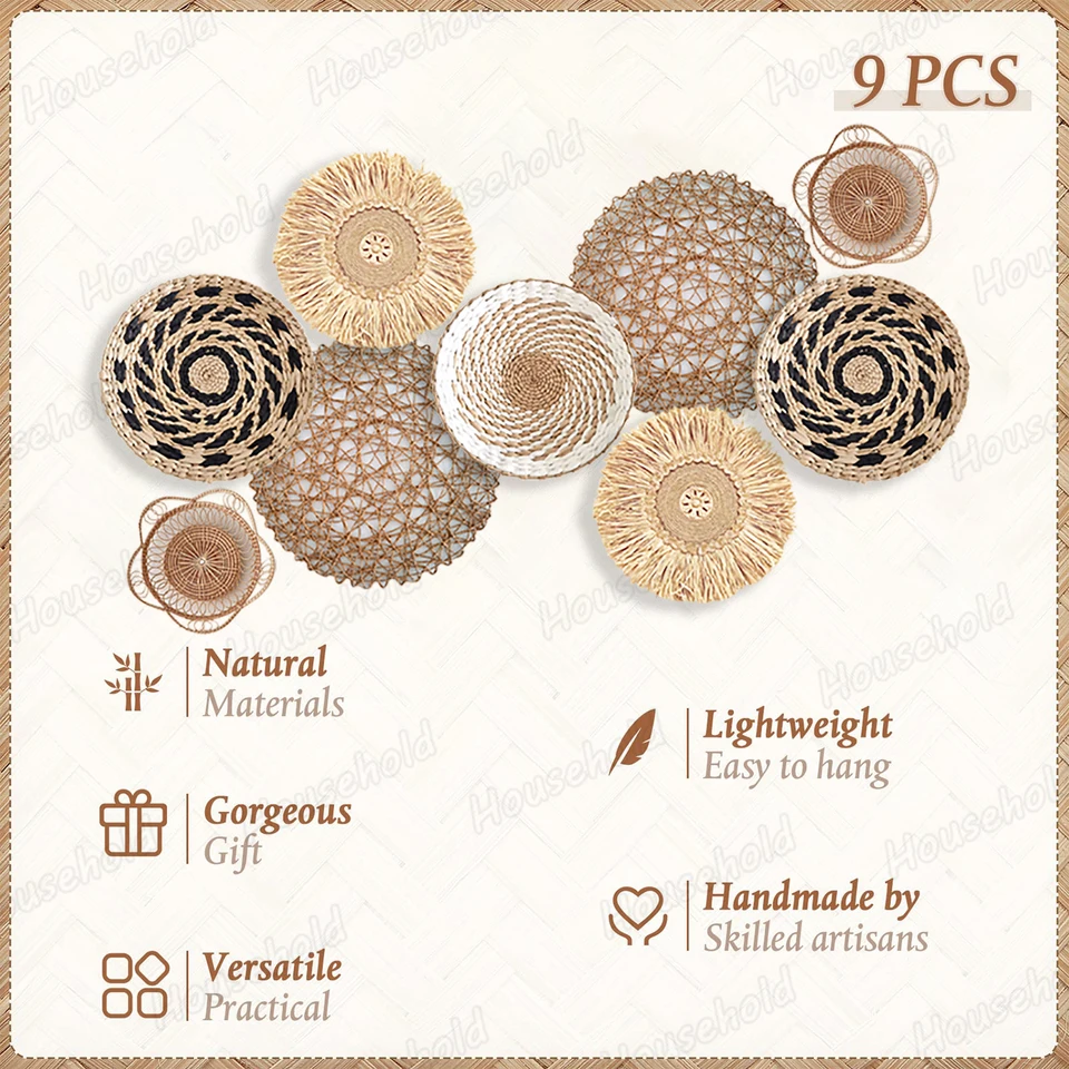3er Set Handgefertigte Hängekörbe - Gewebte Rundkörbe Für Wanddekoration