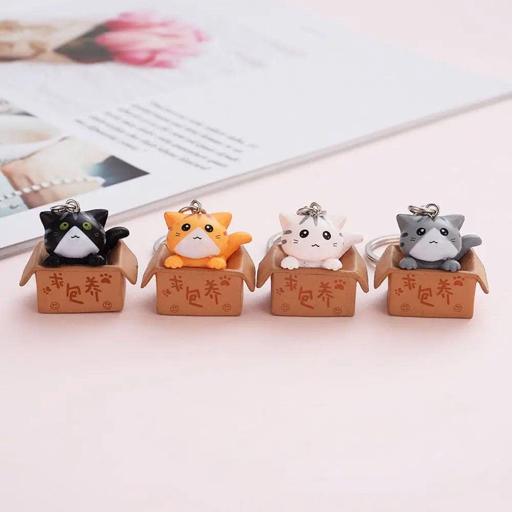 Cute Cartoon Personality Box Resin Little Cat Bag Charm Pendant Keychain For Men Women Key Ring