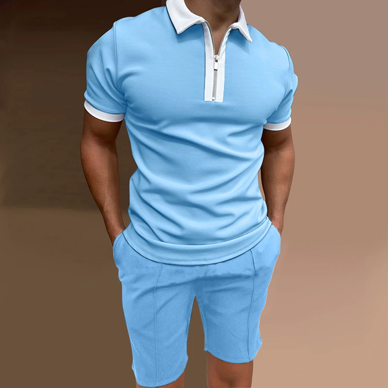 

2022 New Men's Suit 3D Color Stitching Print Summer Short Sleeve Polo Shirt Shorts Suit Fashion Zipper Polo Shirt Two Piece Set